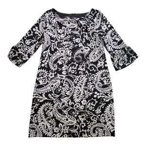 Talbots Paisley Crepe Shift Dress Women's Size 12P Bell Sleeves Black White NWOT